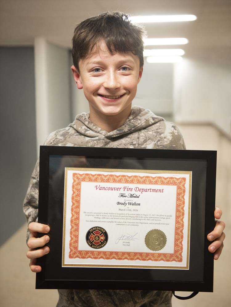 Brody Walton, recipient of a Vancouver Fire Medal for assistance during a child drowning incident. Photo courtesy Vancouver Fire Department