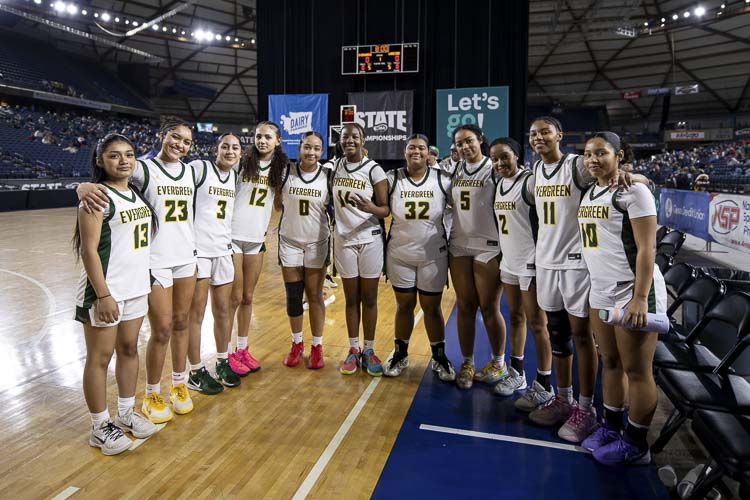 The Evergreen girls basketball team, shown here Friday at the Tacoma Dome, lost Saturday in a trophy game. But still, the Plainsmen reached a trophy game for the first time in program history, taking home sixth-place from the Class 3A state girls basketball tournament. Photo courtesy Heather Tianen