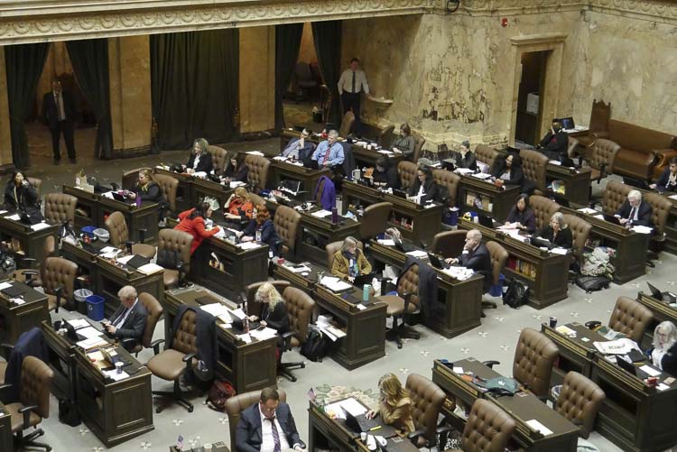 Lawmakers on the House floor in the early hours of March 10, during debate on amendments to Democrats’ bill to tax household income above $1 million a year. (Photo by Bill Lucia/Washington State Standard