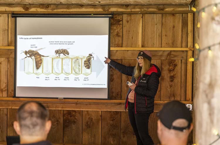 Joy Bochsler not only is a beekeeper and a business owner, she is also a teacher. She gives classes to anyone who wants to learn more about bees and beekeeping. Photo courtesy OnPoint Community Credit Union