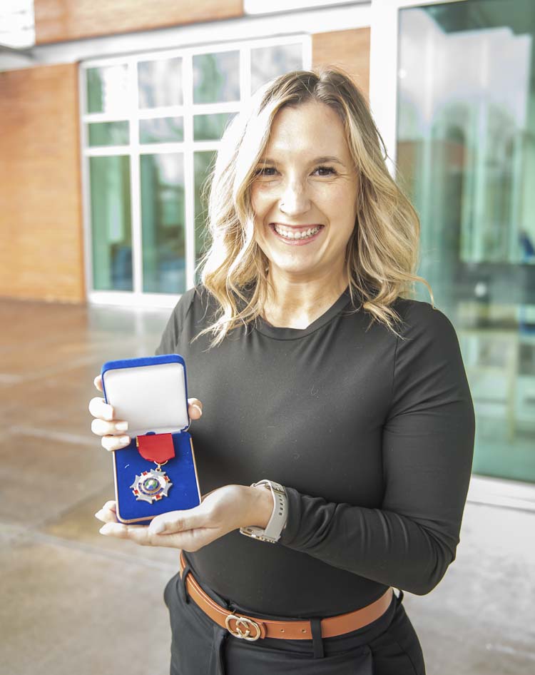 Kayla Edwards, CRESA dispatcher, received the Fire Medal for helping rescue a driver from a burning vehicle after a crash on Interstate 205. Photo courtesy Vancouver Fire Department