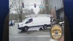 A woman was injured in a crosswalk by a van whose driver briefly helped before fleeing; Vancouver Police ask for help locating the suspect and vehicle.