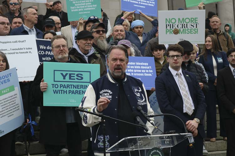 Let's Go Washington founder Brian Heywood asked the Washington Supreme Court on Friday to allow a referendum effort on the state's new income tax law. Heywood is pictured at a rally in February on the group's initiatives to bolster parental rights and block transgender participants from girls' sports that are on the ballot in November. Photo courtesy Aspen Ford/Washington State Standard