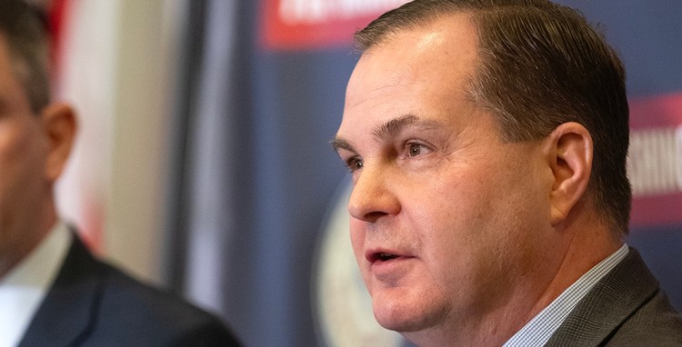 Washington state Senate minority leader, John Braun, speaks at a press conference during the 2025 legislative session.