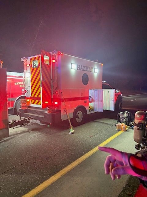 Emergency crews respond to rollover crash with chemical spill requiring shelter-in-place advisory for nearby residents.