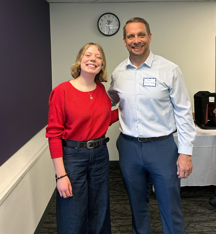 Battle Ground High School alum Elizabeth McAleer (left) and teacher Jonas Fridriksson.