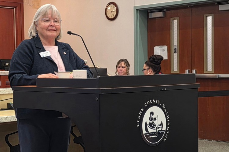 Council Chair Sue Marshall prepares to deliver her State of the County Address on Tuesday in Vancouver.