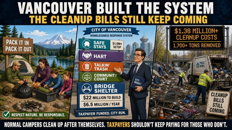 Vancouver resident challenges city's homelessness spending after cleanup costs exceed $1.38 million with 1,700 tons of waste removed.