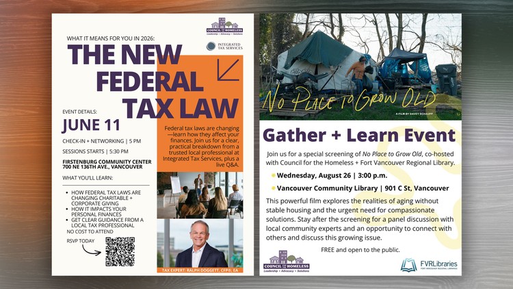Council for the Homeless hosts two free events on tax law changes and senior housing challenges in Vancouver.