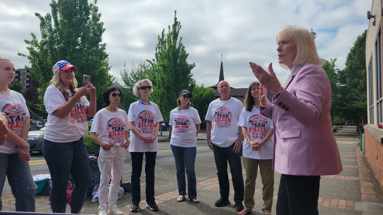 Eileen Quiring O’Brien, candidate for Clark County auditor, speaks with constituents after formally filing her candidacy.