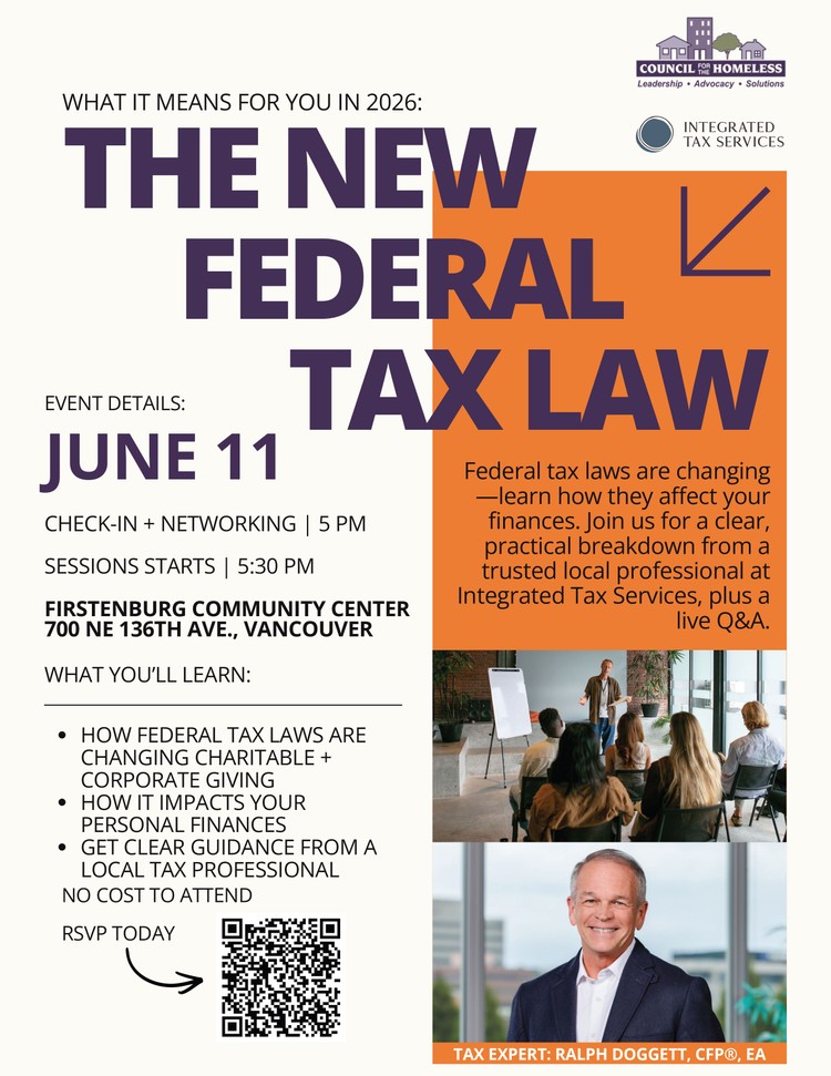 Council for the Homeless hosts two free events on tax law changes and senior housing challenges in Vancouver.