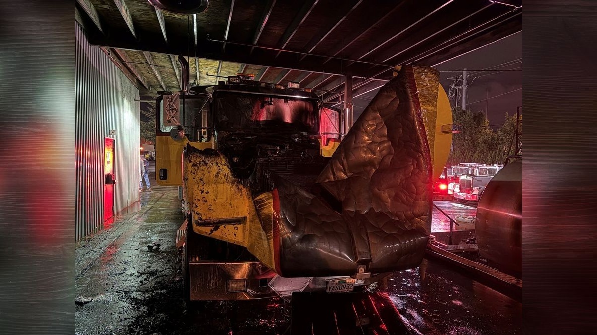 Sprinklers held the blaze in check at 1200 W. 8th St. until Vancouver Fire crews fully extinguished the burning commercial truck.