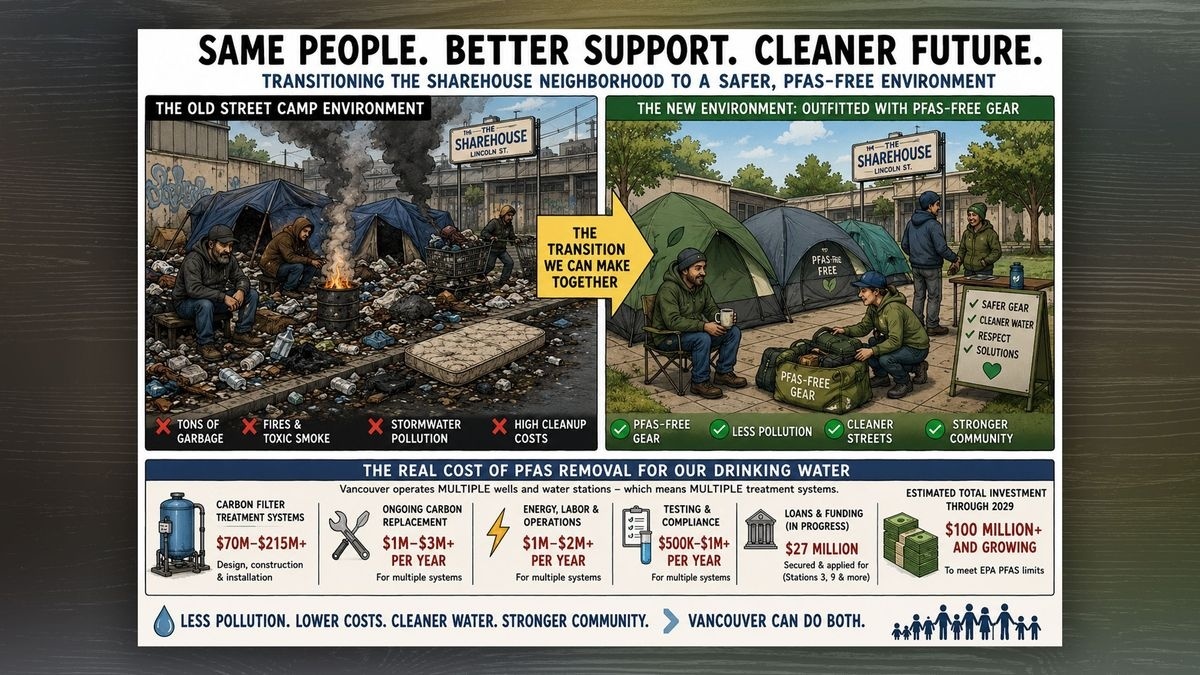 Peter Bracchi links years of camping debris near Men's Share House to PFAS groundwater contamination risk.