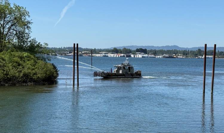 16 firefighters — including marine units — battled a lumber pile fire on a remote Columbia River peninsula.