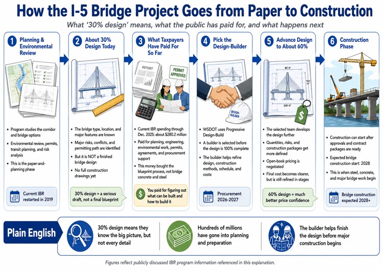 The I-5 river bridge package is at roughly 30% design, meaning final construction drawings and final price are not yet set.