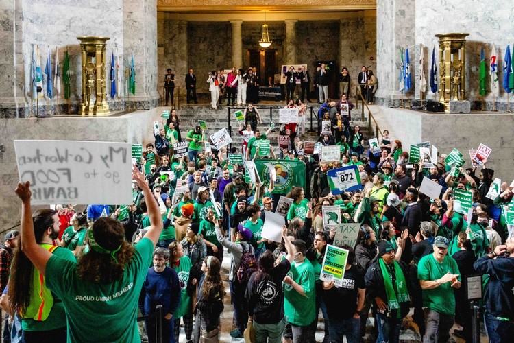 Hundreds of state workers entered the state Capitol in Olympia to protest potential furloughs amid a massive budget shortfall on Wednesday, April 9, 2025.