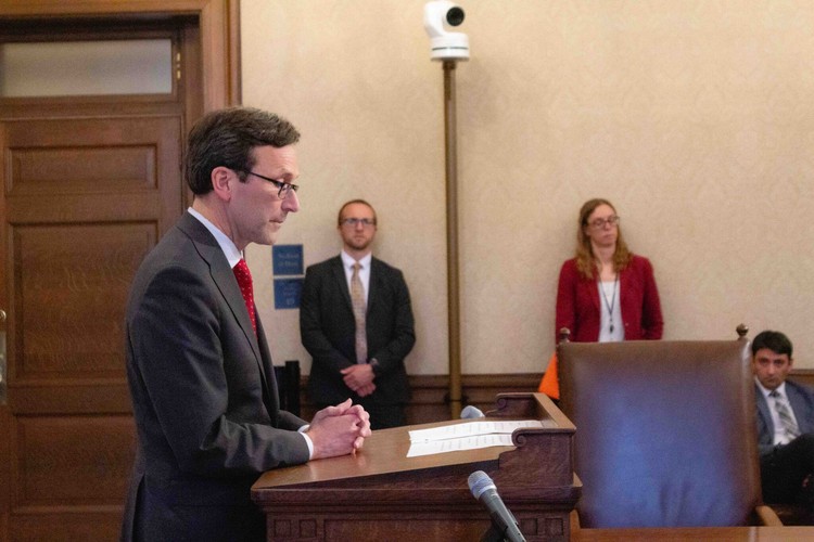 Gov. Bob Ferguson in a media availability after signing budget legislation during his first year in office, on May 20, 2025.