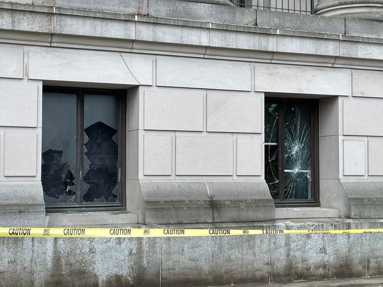 A vandal broke several windows on the side of the Washington state Capitol in the early morning hours of June 4, 2026.