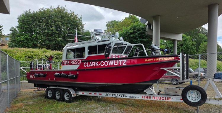 The Clark-Cowlitz Fire Rescue Boat has been stationed near a parking lot close to the Ridgefield Boat Ramp since its boathouse was damaged by fire in December. The boathouse, repaired, was returned to Ridgefield on Wednesday. Photo by Paul Valencia