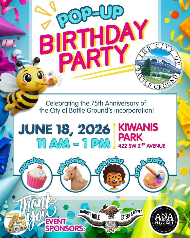 Battle Ground marks 75 years since its 1951 incorporation with a free Pop-Up Birthday Party at Kiwanis Park on June 18.