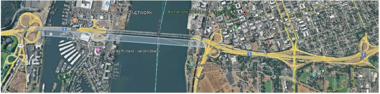 Transportation architect Kevin Peterson proposes a new express lane bridge, up river of the existing two interstate bridges. It would include a straight alignment and offer additional lanes over the Columbia River. The existing bridges would serve as a “collector-distributor” for local traffic between downtown Vancouver, Hayden Island, and north Portland. Graphic courtesy Kevin Peterson
