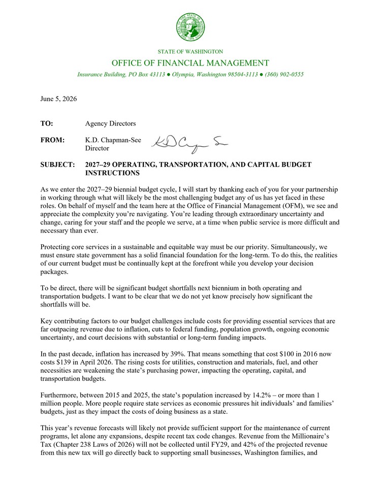 A copy of the memo that Gov. Bob Ferguson’s budget director, K.D. Chapman-See, sent to state agency directors on Friday, June 5, 2026.