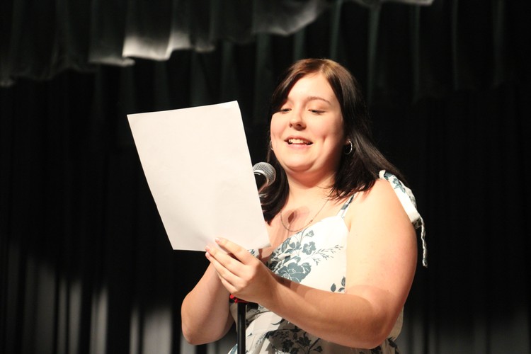 Jazz Band Award recipient Thea Mitchell delivers an emotional farewell speech during the final middle school concert for the Class of 2030. Mitchell was one of two drum majors who led the Tukes Valley marching band in the 2026 Hazel Dell Parade of Bands.