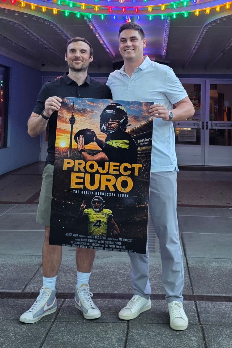 Nick Alfieri, left, is a filmmaker and former teammate of Reilly Hennessey. Alfieri created a documentary on Hennessey’s American football career in Europe. Photo by Paul Valencia