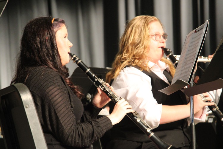 Daphnie Collins and Becca Berry perform the clarinet arrangement “Disney Blockbusters” with the seventh-grade ensemble. Collins was one of two drum majors who conducted the Tukes Valley marching band during the 2026 Hazel Dell Parade of Bands.