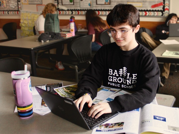 ukes Valley Middle School student and Managing Editor Rye Dilley works on proofreading final drafts of the Fall 2025 issue of the “Your Battle Ground Public Schools” magazine series.