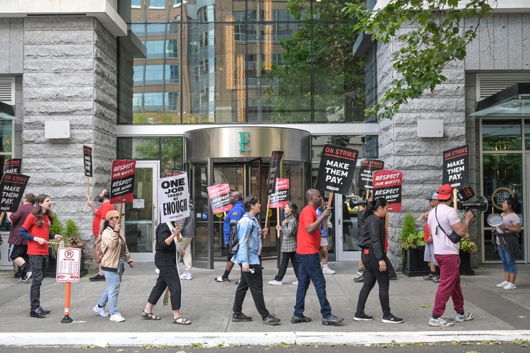 Workers at Hilton’s Embassy Suites in Seattle’s Pioneer Square neighborhood have been on strike since June 18.