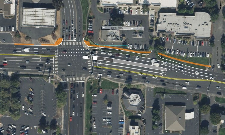 C-TRAN plans a 2027 westbound Vine station at Mill Plain and Chkalov, the first median-design stop in its BRT network.