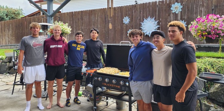 Several members of the Ridgefield Raptors gathered for a weekend brunch at the home of Jodi and Tony Rayburn, host families for three of the players