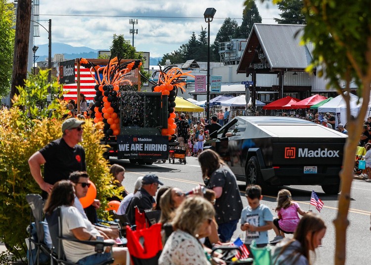 A parade float and Tesla Cybertruck for Maddox Industrial Transformer received loud applause from paradegoers during the Harvest Days Parade in Battle Ground on Saturday, July 18.