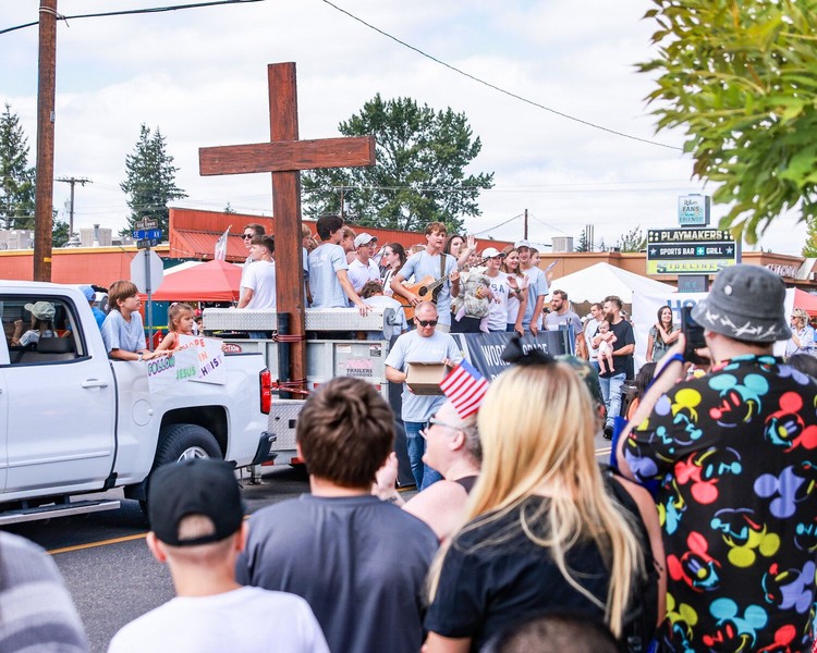Youth with the Word of Grace Bible Church perform worship during the Harvest Days Parade in Battle Ground on Saturday, July 18.
