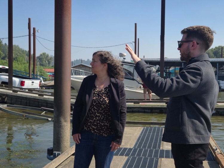 Ethan Perry explains planned boat launch improvements to Summer Sorensen of The Reflector.