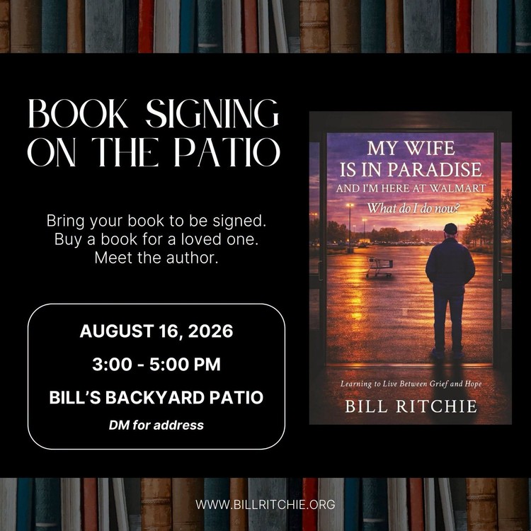 Book signing on the patio with Bill Ritchie on August 16, 2026