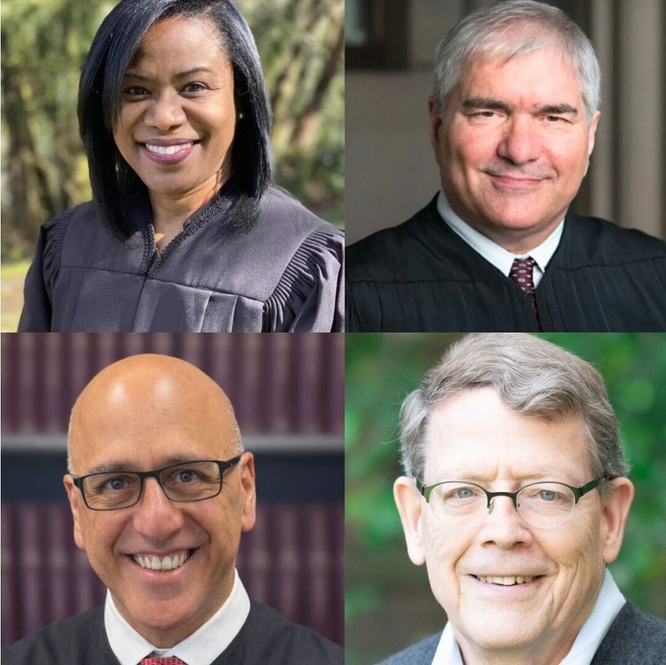 From top left, clockwise, Sharonda Amamilo, Dave Larson, Greg Miller and Theo Angelis, the candidates for Position 5 on the Washington state Supreme Court.