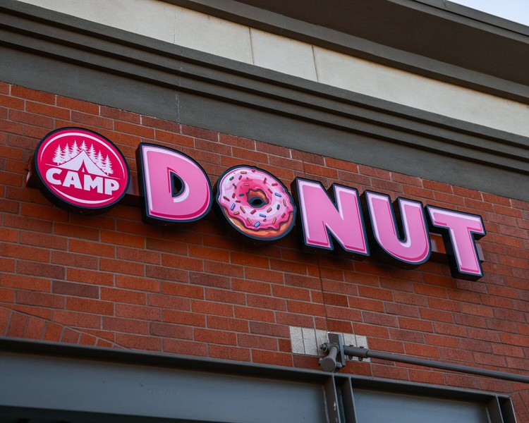 A closer view of Camp Donut's new storefront sign highlights one of several food businesses expected to expand Battle Ground's dining options in the coming months.